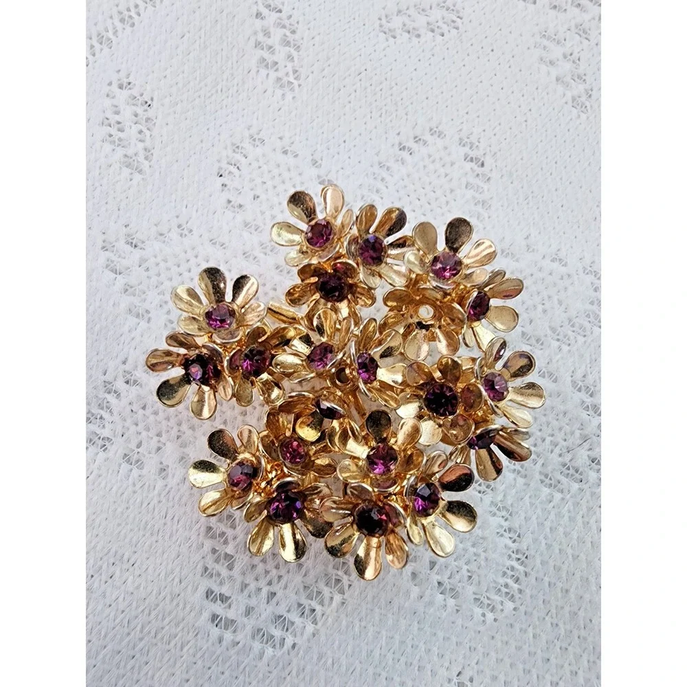 Vintage Mid Century Flower Cluster Brooch Pink Gold Tone Boho Cottage Purple 50s